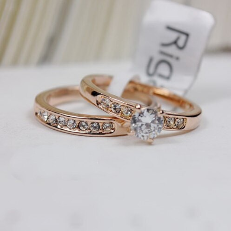 Veile Studios Gold Colour Two Ring Set Big Stone Zircon Crystal Statement Jewelry