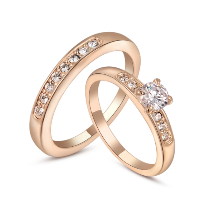Veile Studios Gold Colour Two Ring Set Big Stone Zircon Crystal Statement Jewelry