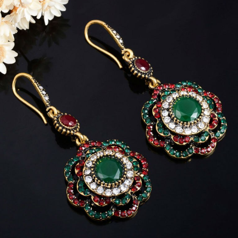 Veile Studios Rings Women Retro Pop Earrings Bohemian Ethnic Flower Pendant Alloy Drop Hook