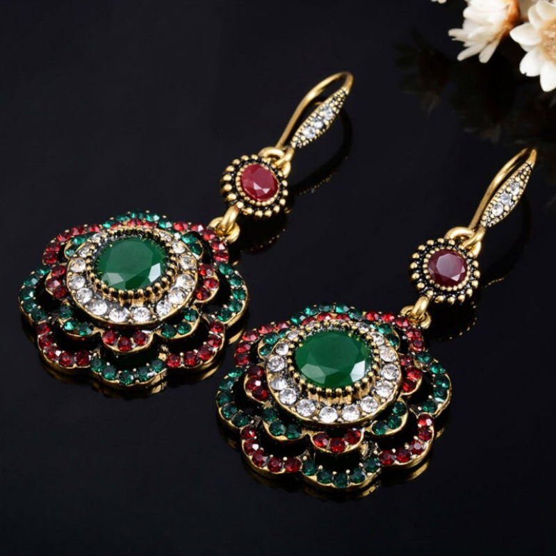 Veile Studios Rings Women Retro Pop Earrings Bohemian Ethnic Flower Pendant Alloy Drop Hook
