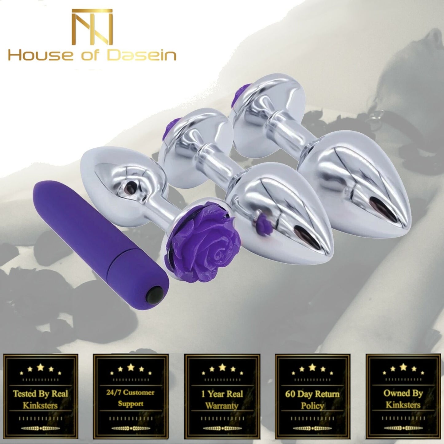 Purple Rose Stainless Steel Anal Plugs 3 Sizes Vibrating Bdsm Butt Set