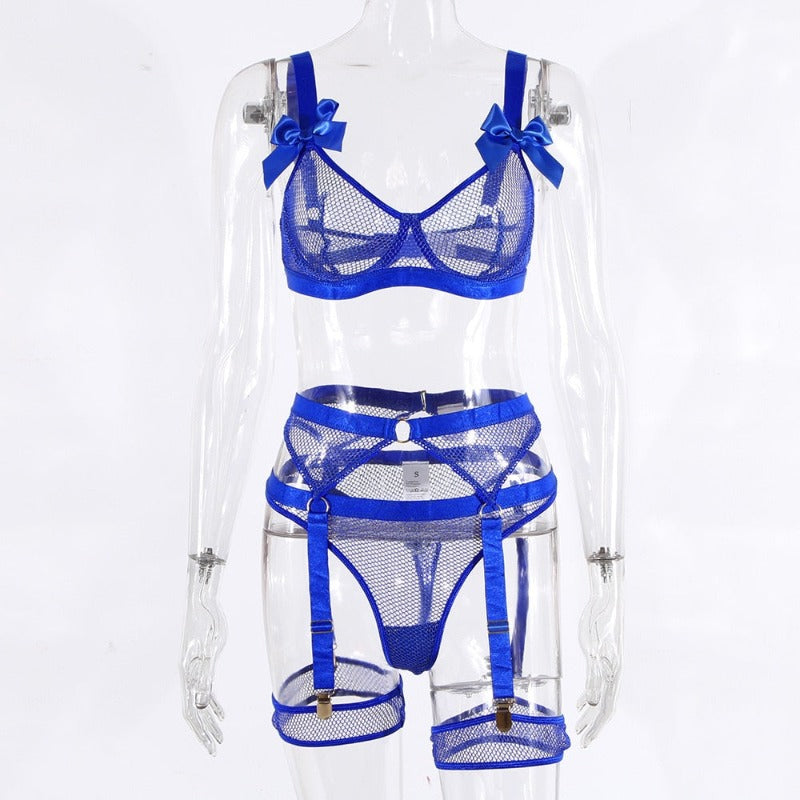 5 Piece Bows Mesh Fishnet Sexy See Through Lingerie Set Women