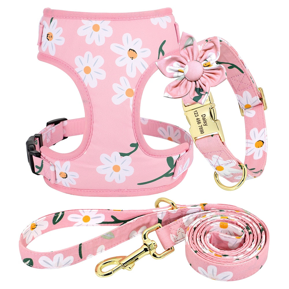 Flower Printed Dog Collar Floral Harness Leash Set
