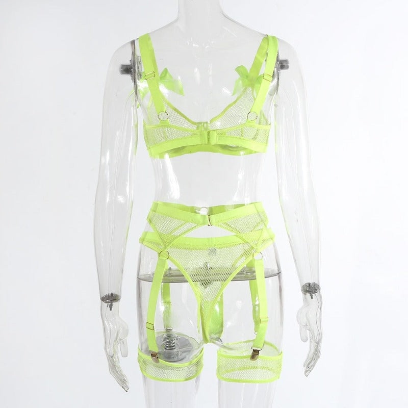 5 Piece Bows Mesh Fishnet Sexy See Through Lingerie Set Women