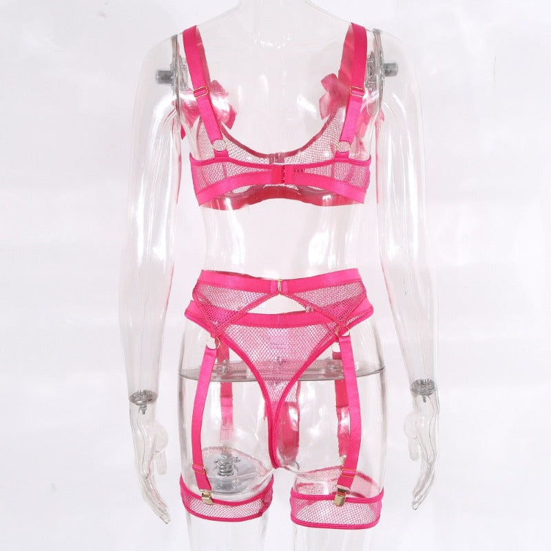 5 Piece Bows Mesh Fishnet Sexy See Through Lingerie Set Women