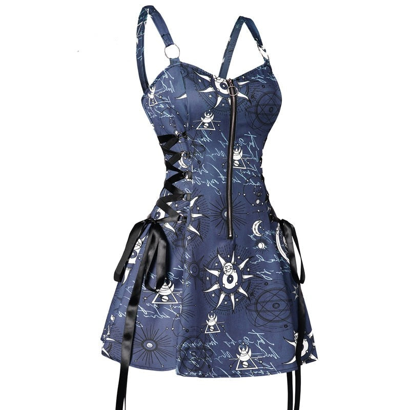 Celestial Sun Moon Print Lace Up Mini Dress Summer Gothic Women Square Neck Witchcore Vestidos
