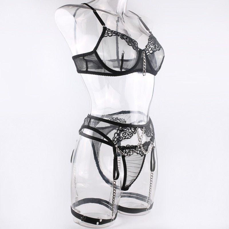 5 Piece Luxury See Through Floral Chains Thong Garter Bra Lingerie Set Colour