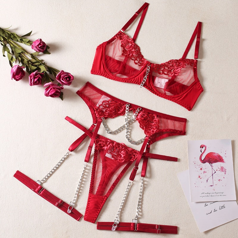 5 Piece Luxury See Through Floral Chains Thong Garter Bra Lingerie Set Colour