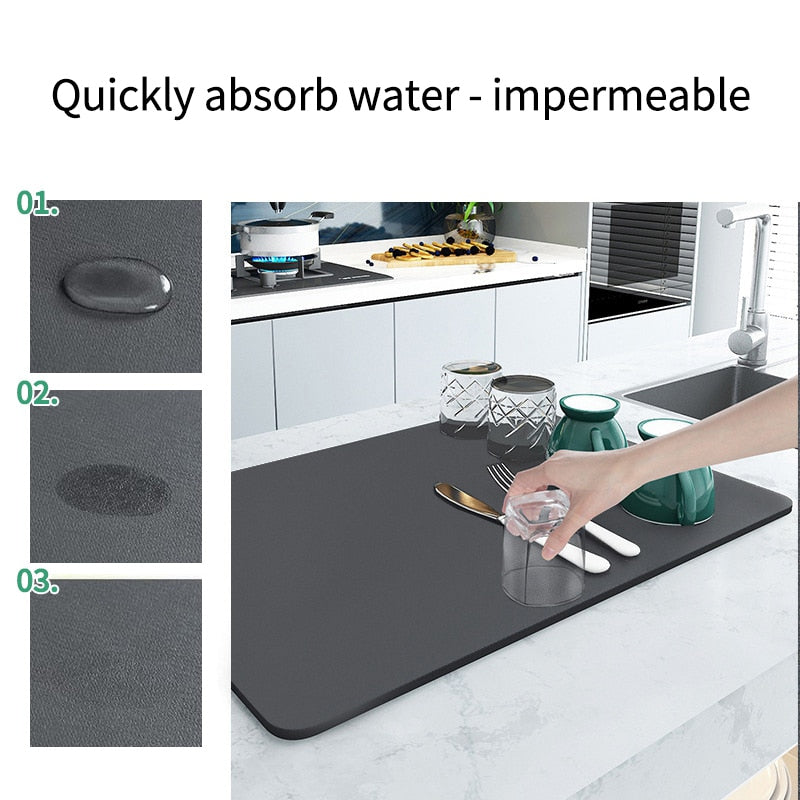 Absorbent Rubber Dish Drying Drain Mat Kitchen Accessories