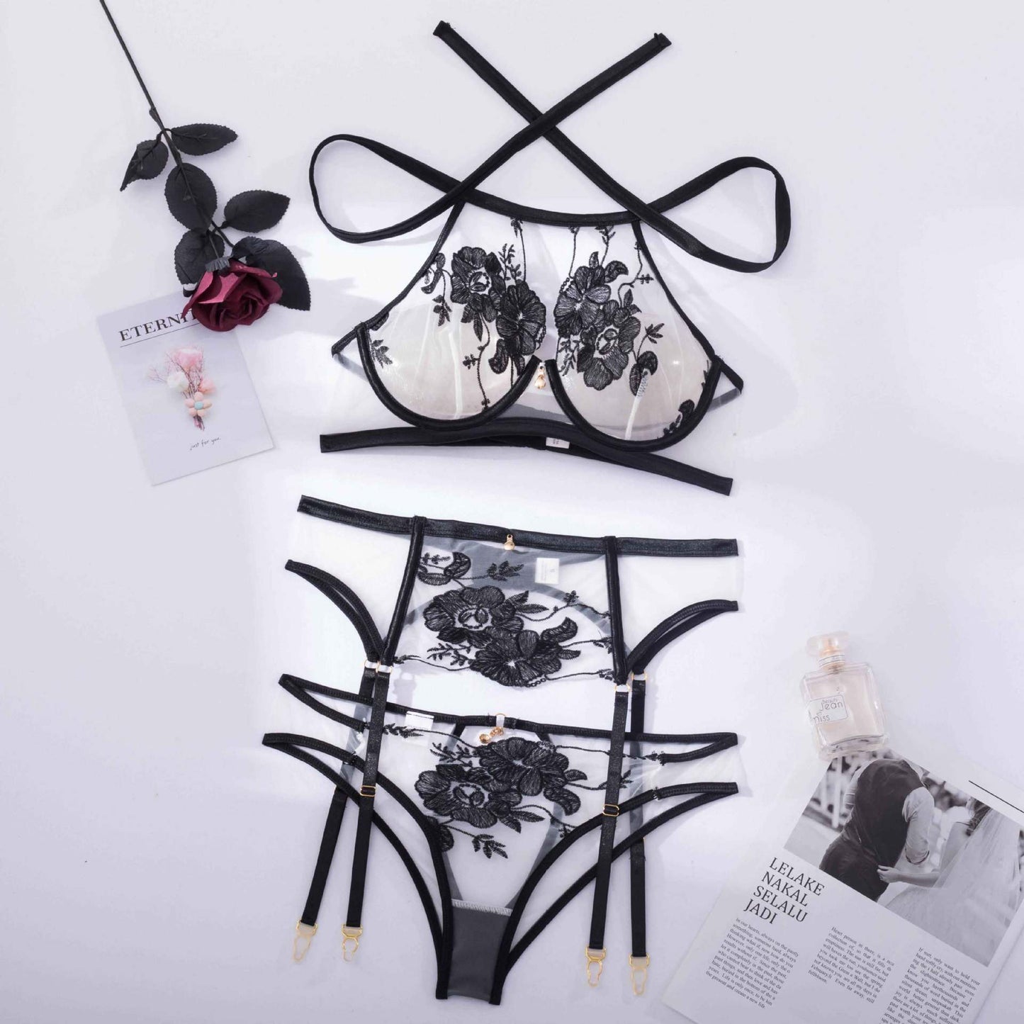 3 Piece Sexy Black Floral Transparent Halter Bra Panties Lingerie Set Women