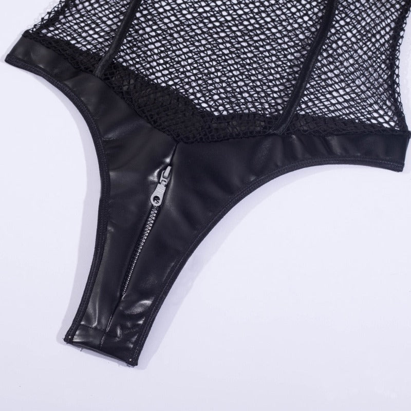 Sexy Black Zipper Fishnet Halter Neck Open Crotch Bodysuit Women
