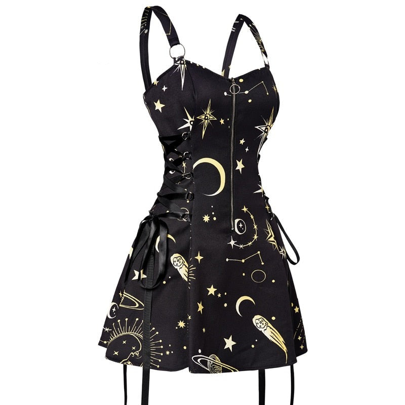 Celestial Sun Moon Print Lace Up Mini Dress Summer Gothic Women Square Neck Witchcore Vestidos
