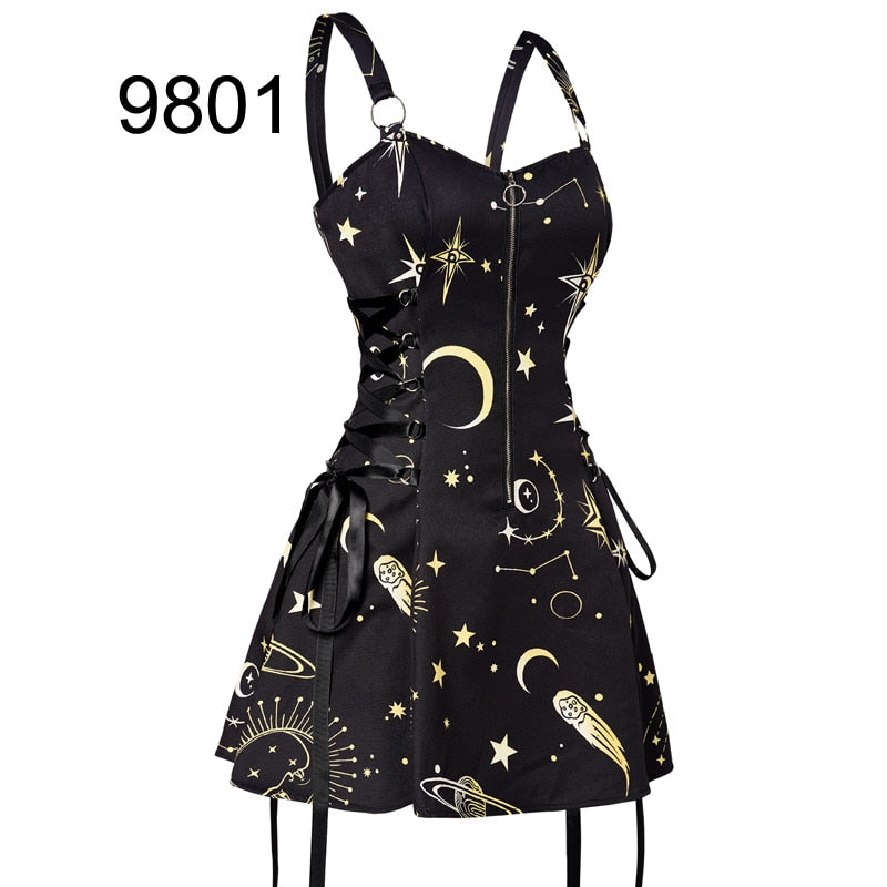Celestial Sun Moon Print Lace Up Mini Dress Summer Gothic Women Square Neck Witchcore Vestidos