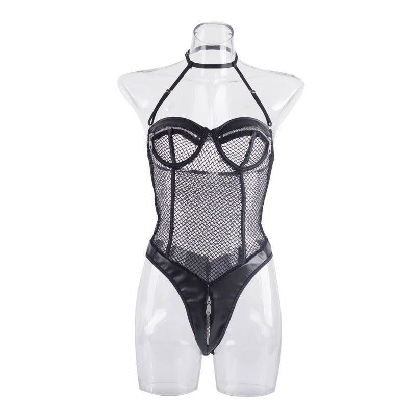 Sexy Black Zipper Fishnet Halter Neck Open Crotch Bodysuit Women