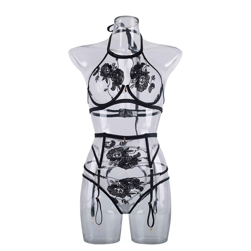 3 Piece Sexy Black Floral Transparent Halter Bra Panties Lingerie Set Women