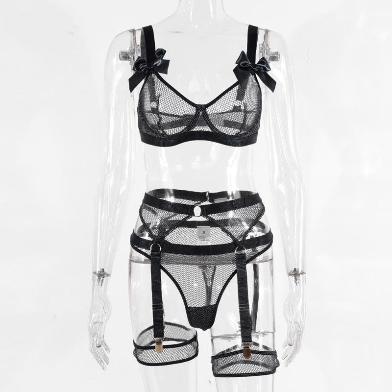 5 Piece Bows Mesh Fishnet Sexy See Through Lingerie Set Women