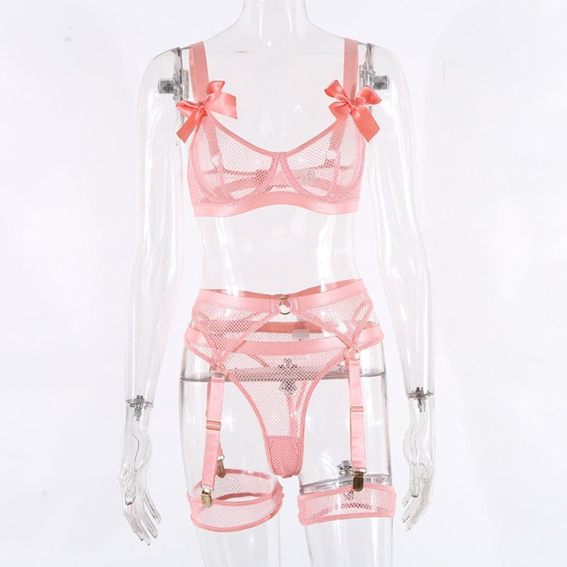 5 Piece Bows Mesh Fishnet Sexy See Through Lingerie Set Women