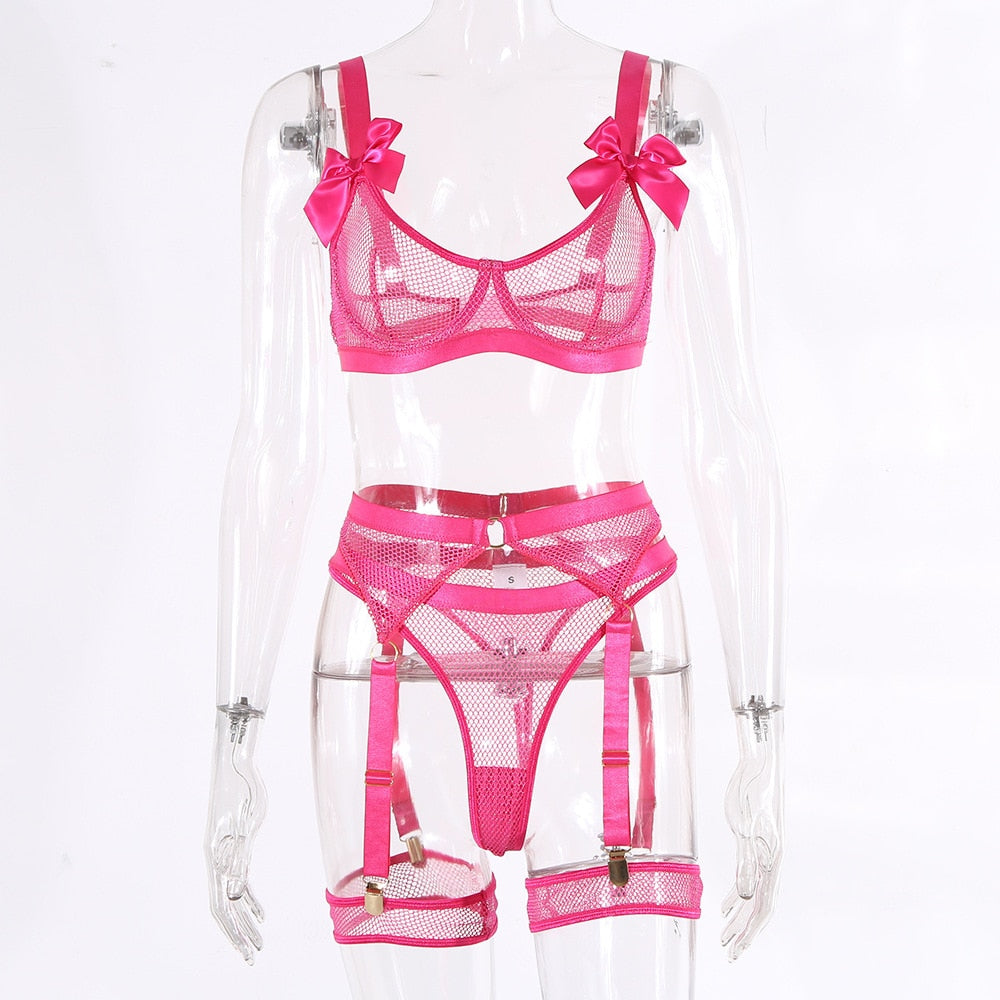 5 Piece Bows Mesh Fishnet Sexy See Through Lingerie Set Women