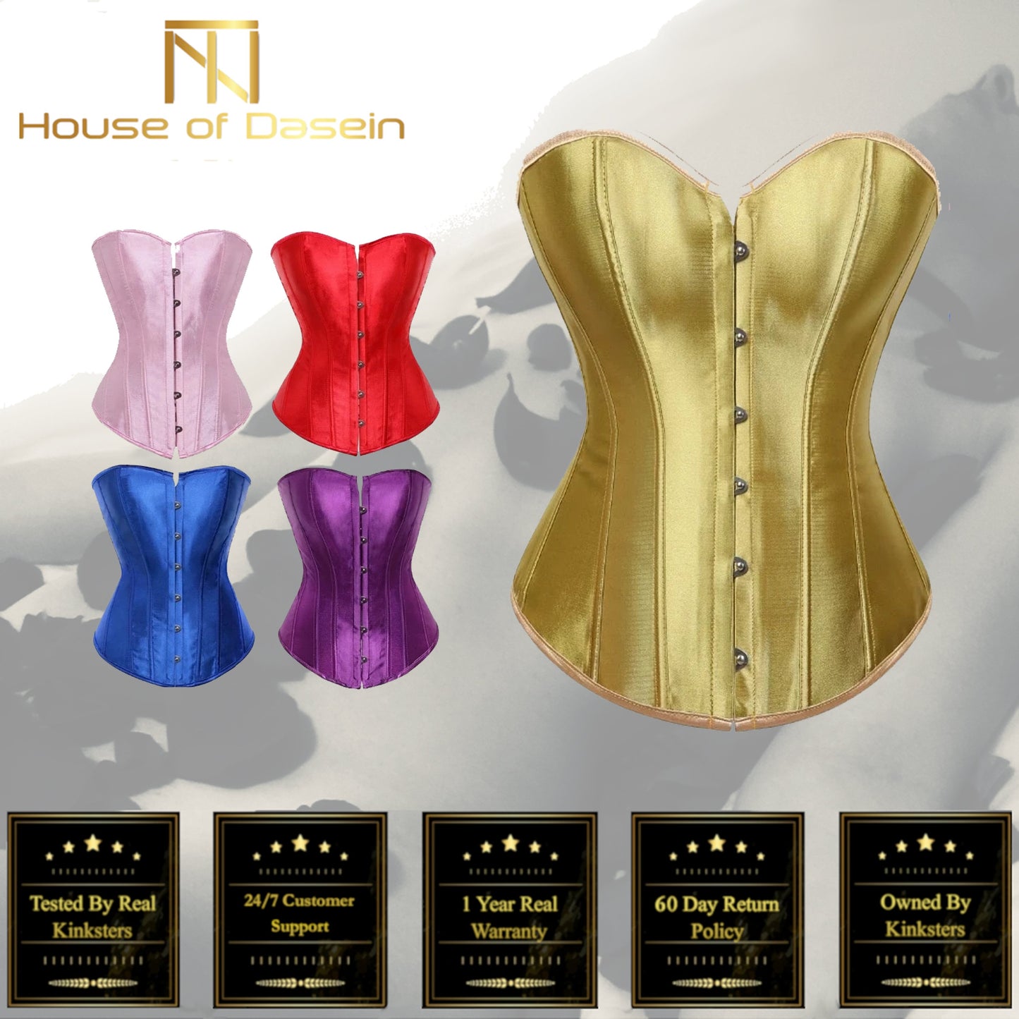 Satin Over Bust Corset Lace Up Back Pink Purple Blue Gold Red Erotic Lingerie