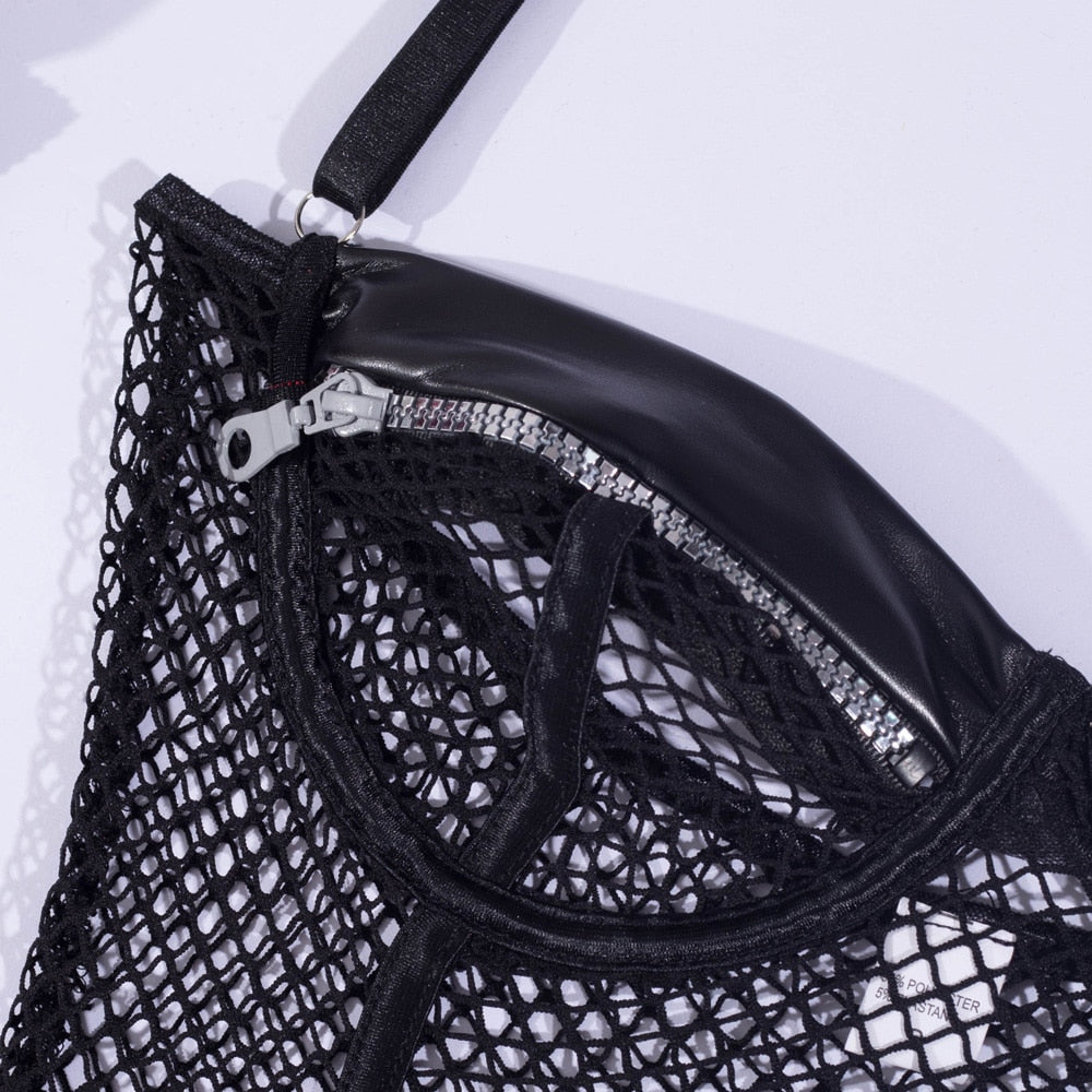 Sexy Black Zipper Fishnet Halter Neck Open Crotch Bodysuit Women