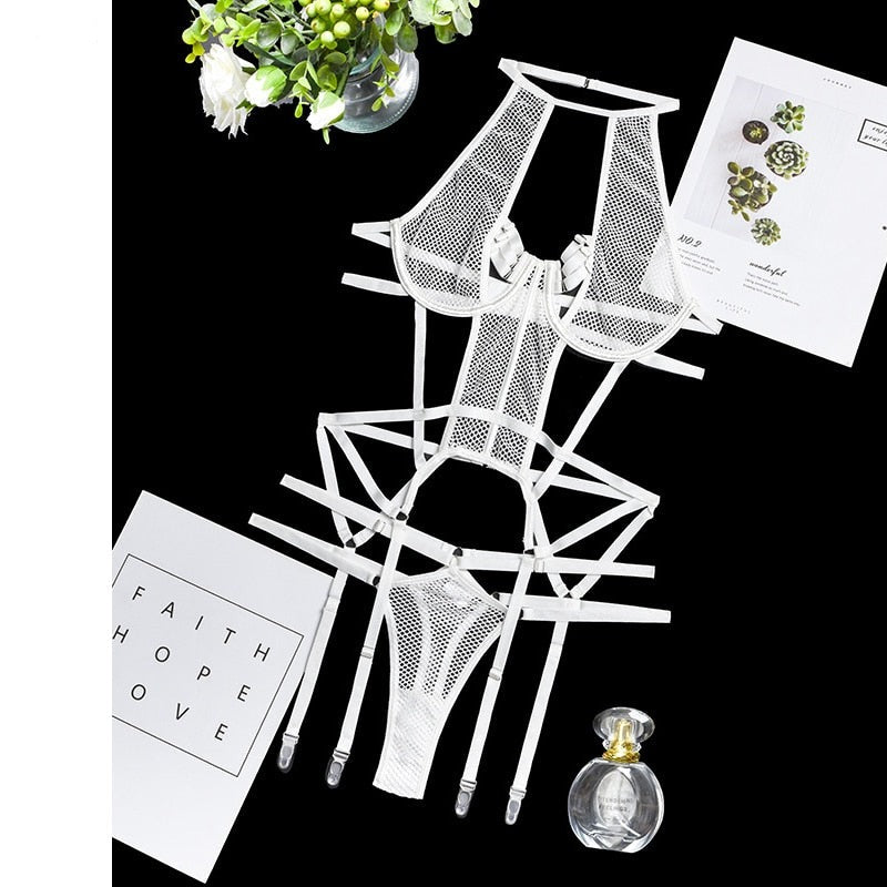 Both Mesh Sexy Strappy Bandage Bodysuit Women Lingerie