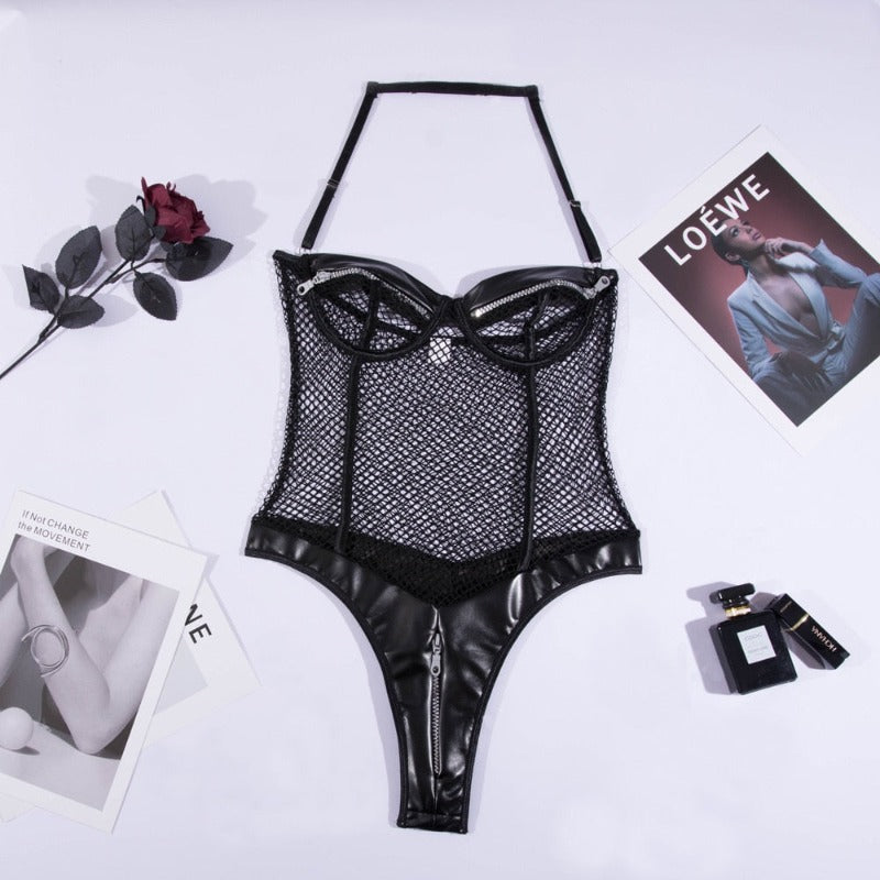 Sexy Black Zipper Fishnet Halter Neck Open Crotch Bodysuit Women