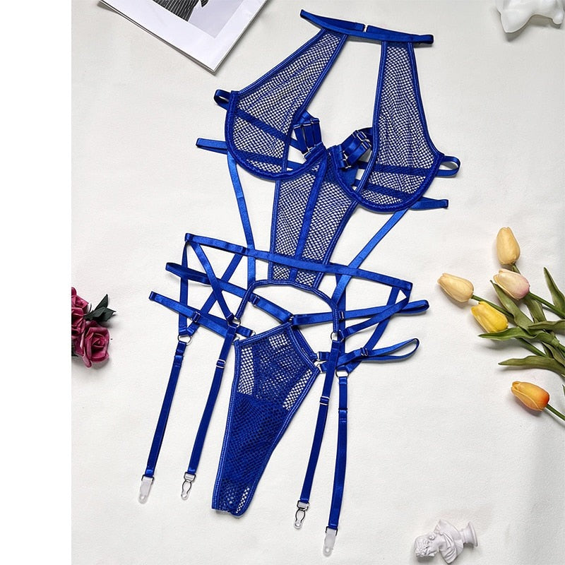 Both Mesh Sexy Strappy Bandage Bodysuit Women Lingerie