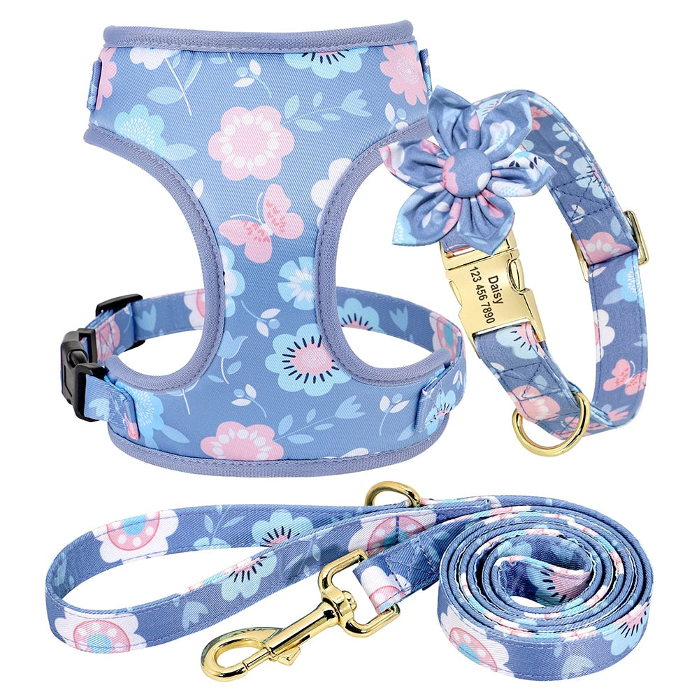 Flower Printed Dog Collar Floral Harness Leash Set