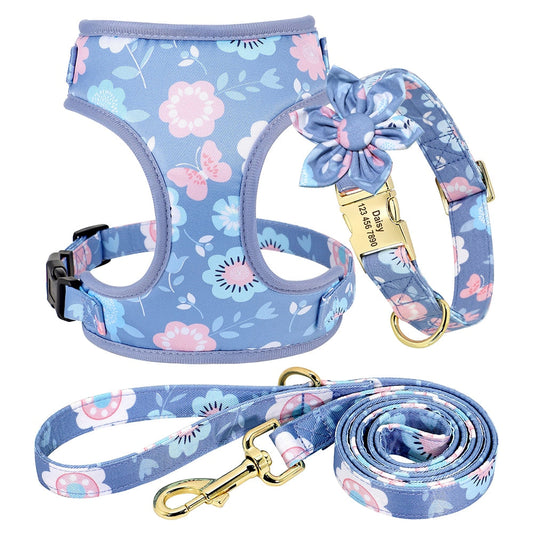 Flower Printed Dog Collar Floral Harness Leash Set