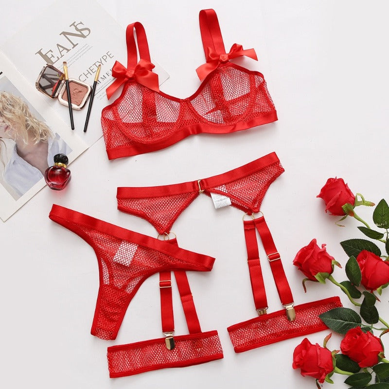 5 Piece Bows Mesh Fishnet Sexy See Through Lingerie Set Women