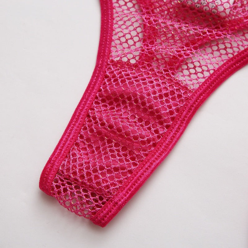 5 Piece Bows Mesh Fishnet Sexy See Through Lingerie Set Women