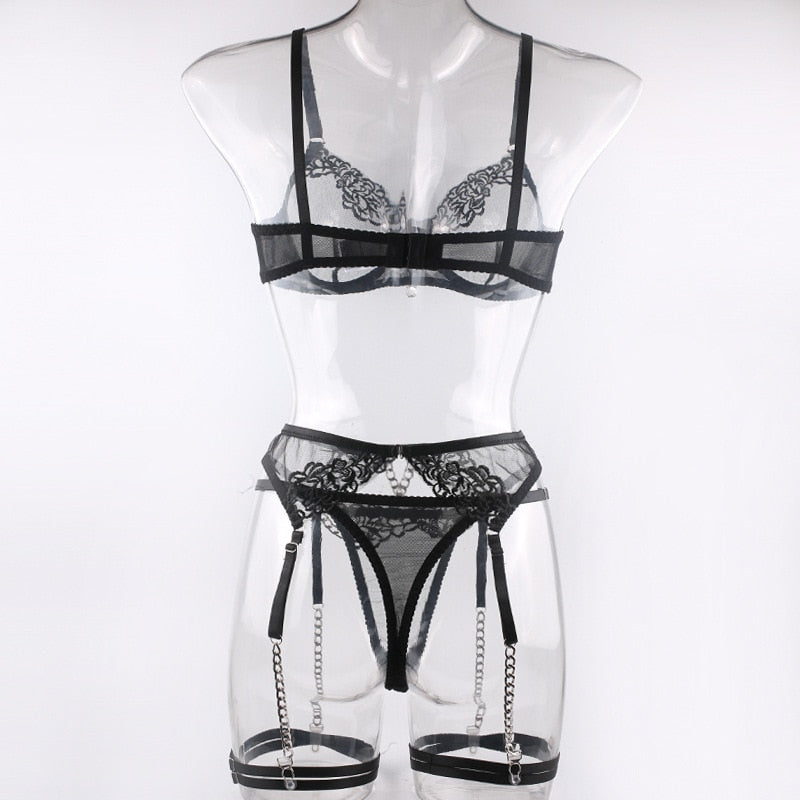 5 Piece Luxury See Through Floral Chains Thong Garter Bra Lingerie Set Colour
