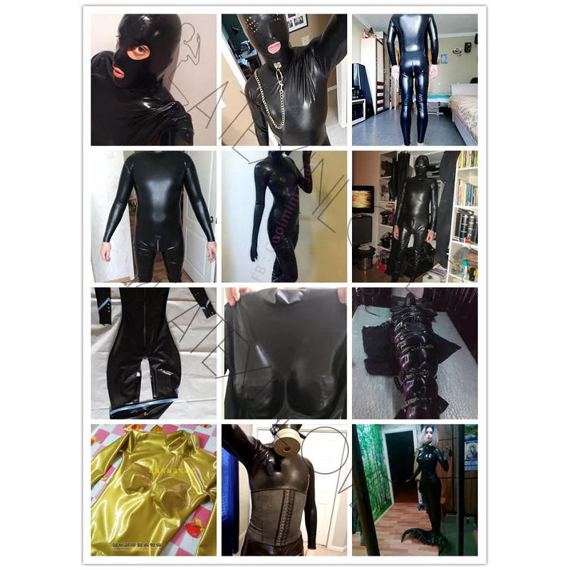 Sexy Full Body Black Latex Gummi Catsuit Ear Cosplay Rubber Bodysuits With Back Crotch Zip