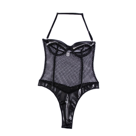 Sexy Black Zipper Fishnet Halter Neck Open Crotch Bodysuit Women