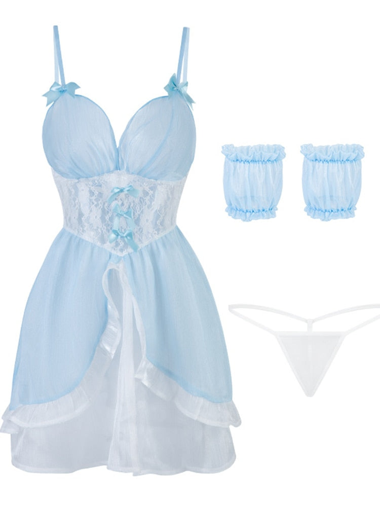 Fairy Princess Cosplay Sexy Lingerie For Women Bowtie Back Dance Stage Costumes Chiffon Plus Pajamas Temptation Hallowee