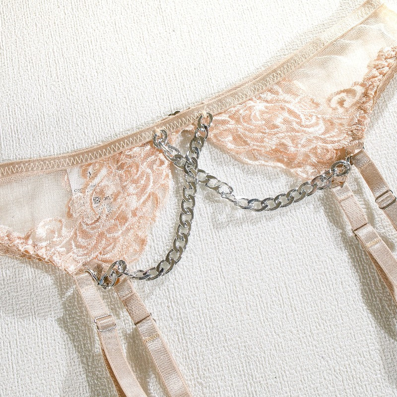 5 Piece Luxury See Through Floral Chains Thong Garter Bra Lingerie Set Colour