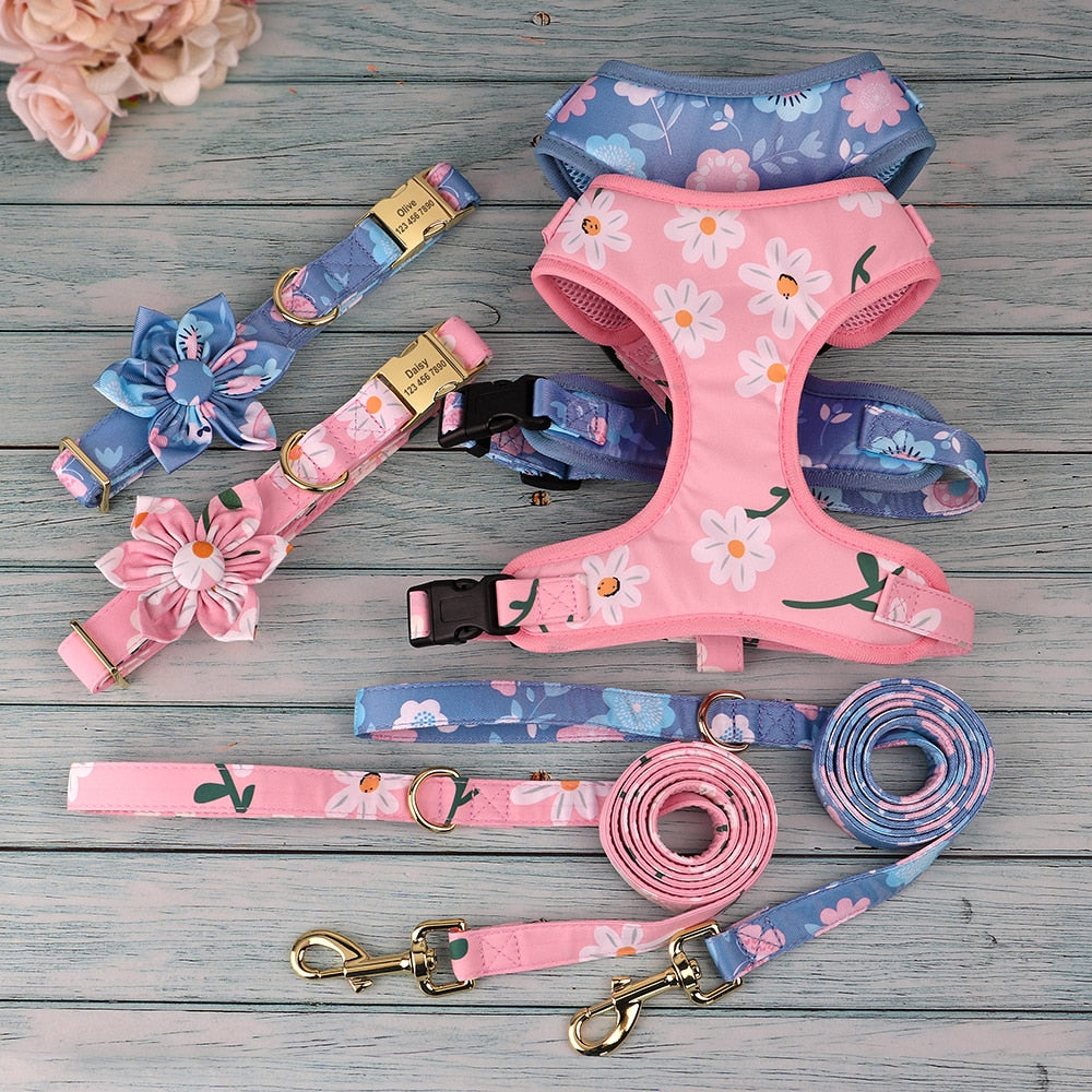 Flower Printed Dog Collar Floral Harness Leash Set