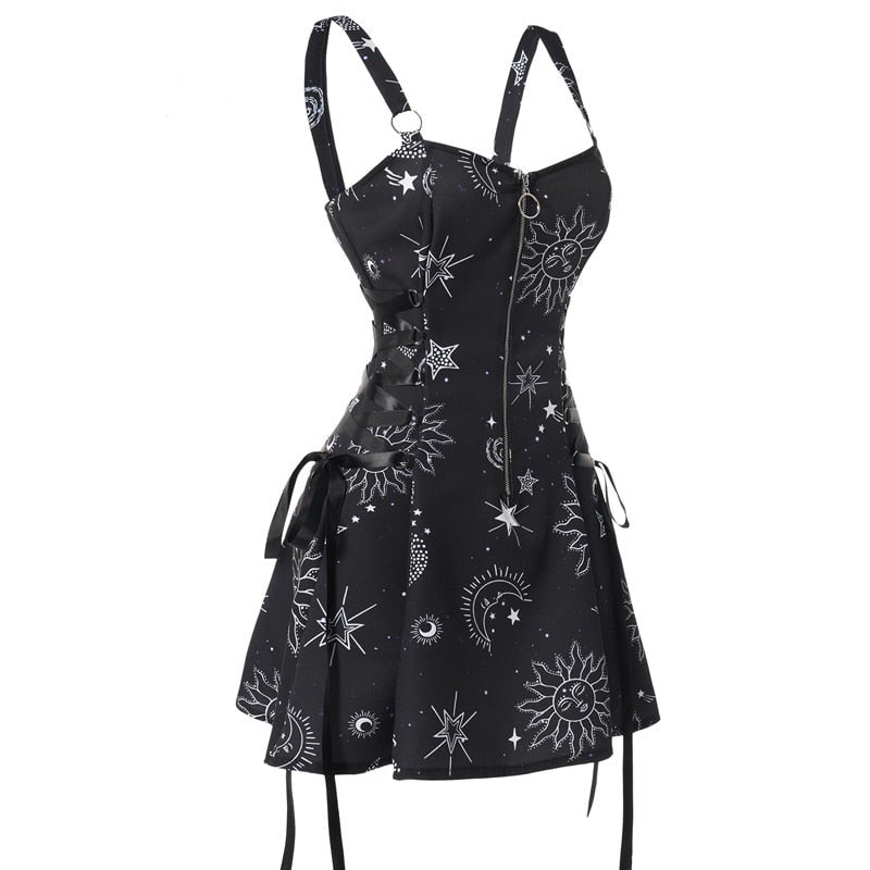 Celestial Sun Moon Print Lace Up Mini Dress Summer Gothic Women Square Neck Witchcore Vestidos