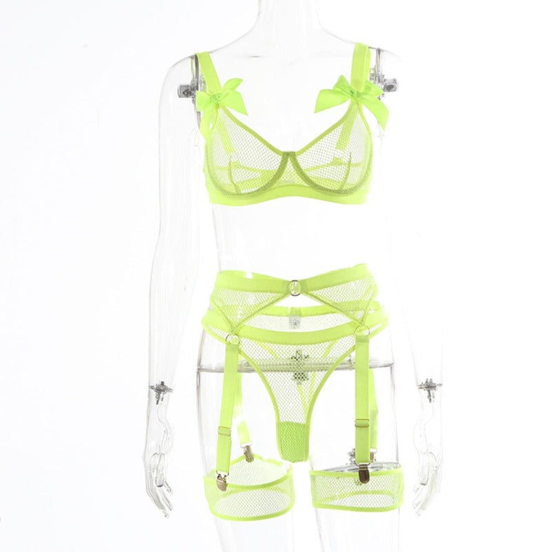 5 Piece Bows Mesh Fishnet Sexy See Through Lingerie Set Women