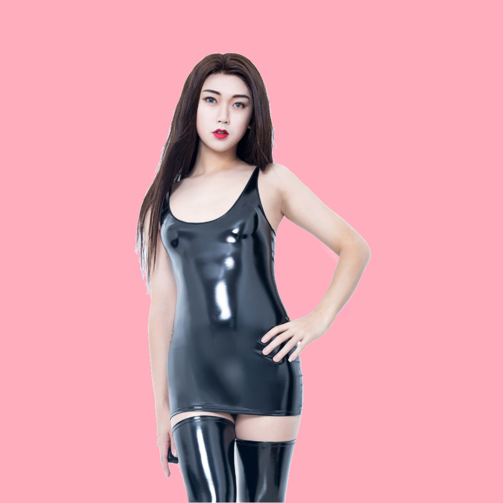 Shiny Black Patent Leather Mini Dress Faux Latex Clubwear