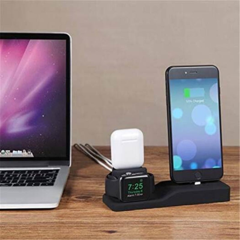 Silicone 3 In 1 Charging Stand Holder Dock For Iphone Apple Watch / Airpods Black