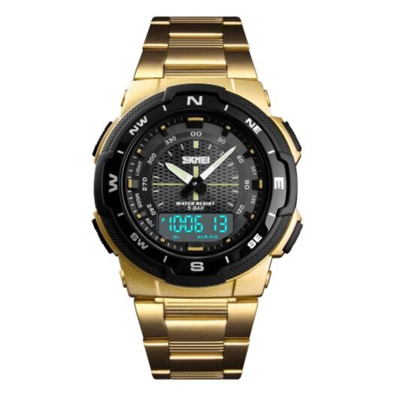 Skmei 1370 Men Digital Stainless Steel 5Atm Waterproof Wrist Sport Watches Gold