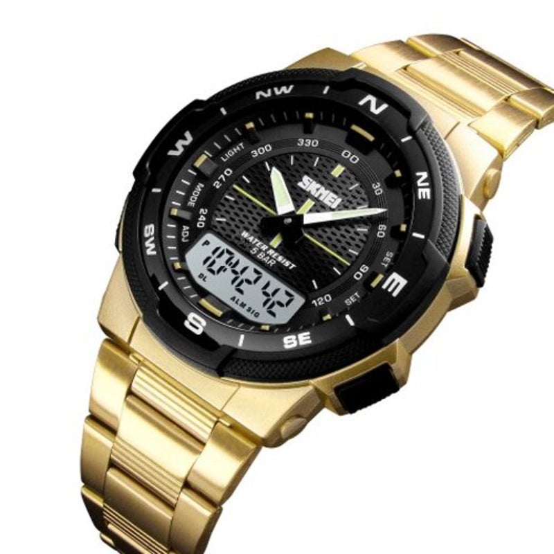 Skmei 1370 Men Digital Stainless Steel 5Atm Waterproof Wrist Sport Watches Gold