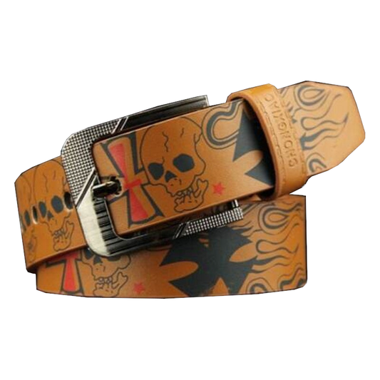 Skull Pattern Men's Belt Punk Style Pin Buckle Waistband Brown