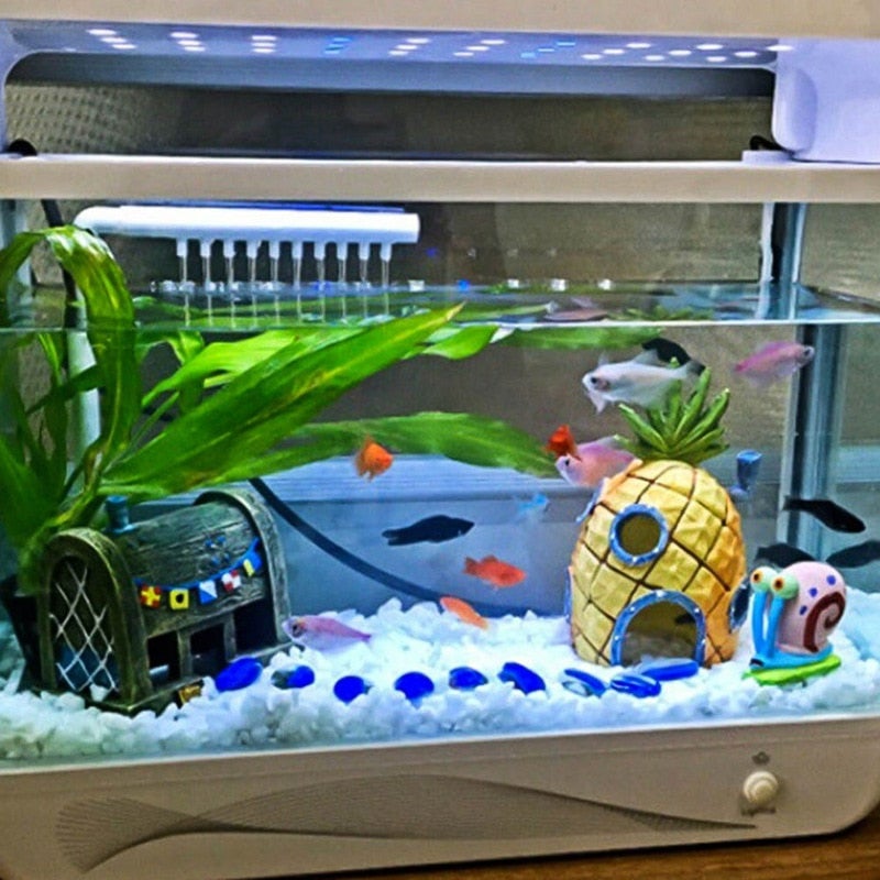 Small Aquarium Spongebob Pineapple House Squidward Easter Island Fish Tank Cartoon Decoration For Kids