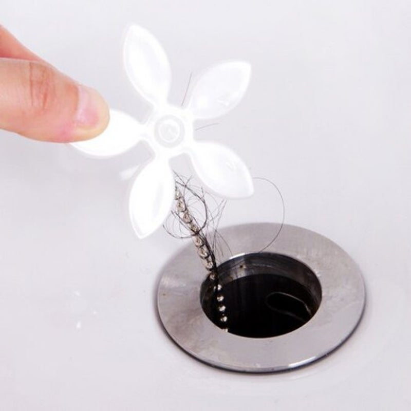 Small Flower Chain Bathroom Sewer Sink Hair Cleaner Cleaning Hook Strip Anti Blocking Device 4Pcs White