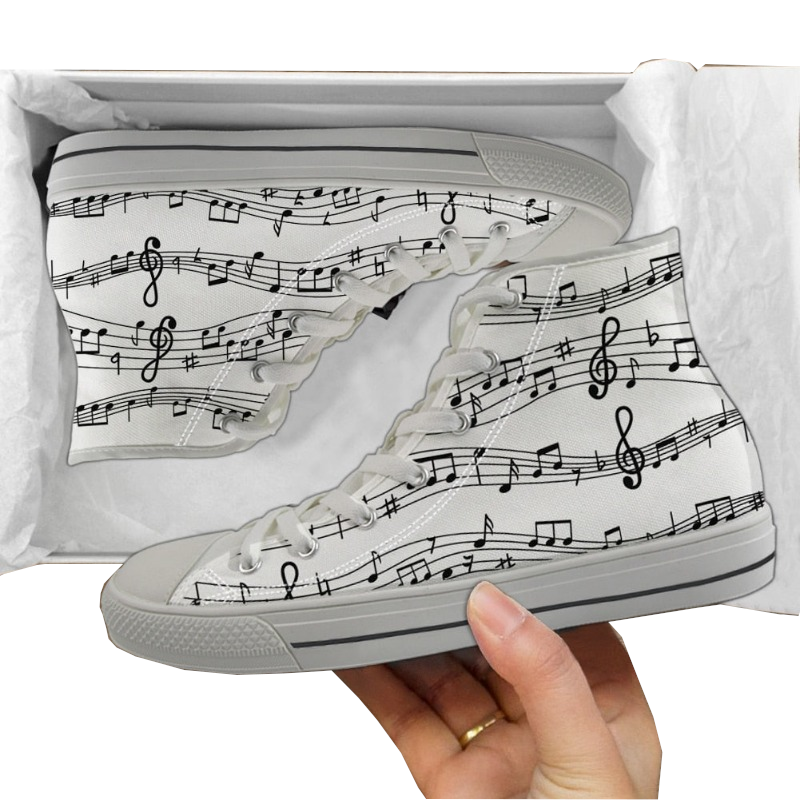 Music Theme High Top Lace Up Canvas Sneakers Shoes Women Notes Piano Guitar