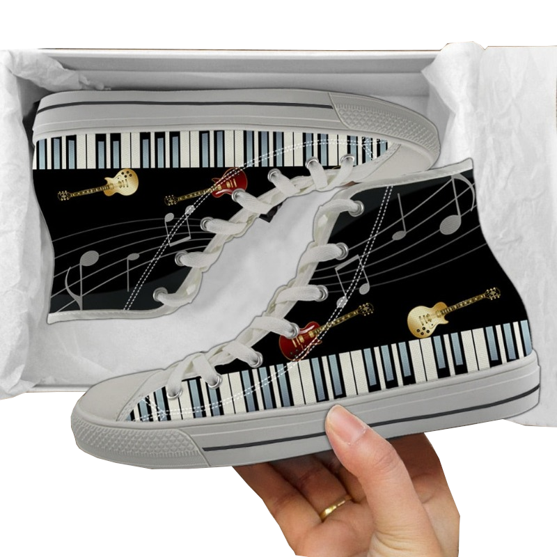 Music Theme High Top Lace Up Canvas Sneakers Shoes Women Notes Piano Guitar