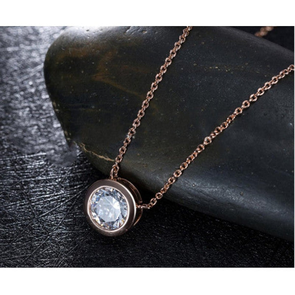 Veile Studios Solitaire Cubic Zirconia Bezel Necklace Rose Gold
