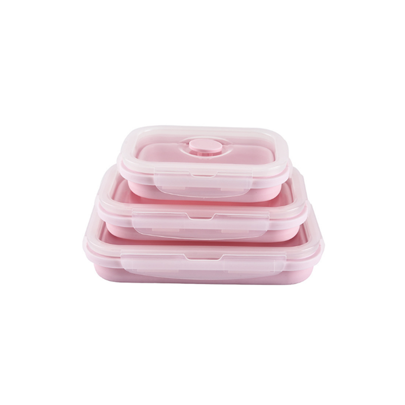 Square Silicone Folding Lunch Box Storage Sets Pink